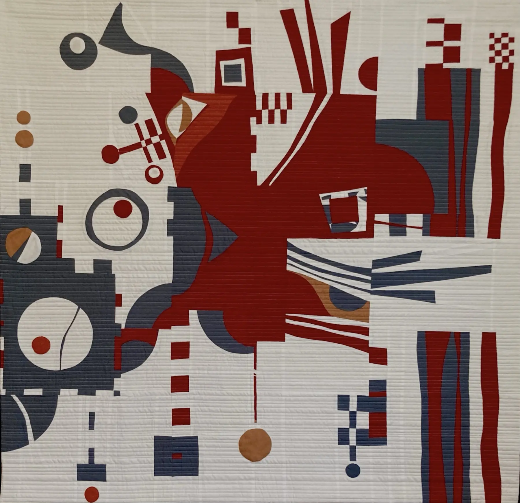 Abstract art quilt with bold burgundy forms, fine black lines and small geometric shapes on cream