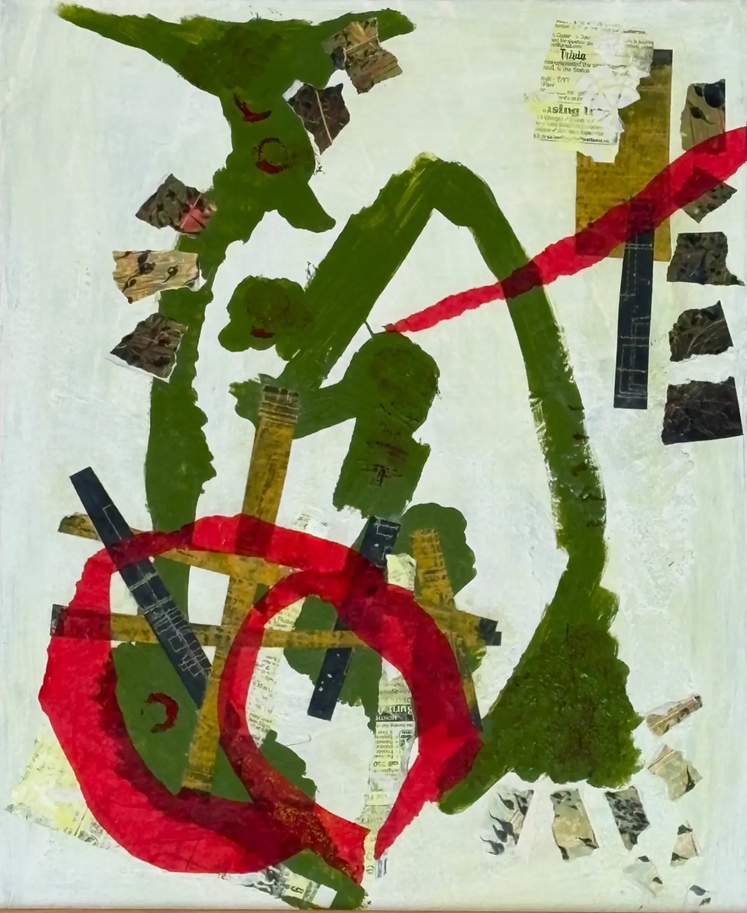 Mixed-media abstract work with sweeping green forms, red loops and fragmented gold, black and printed papers on white