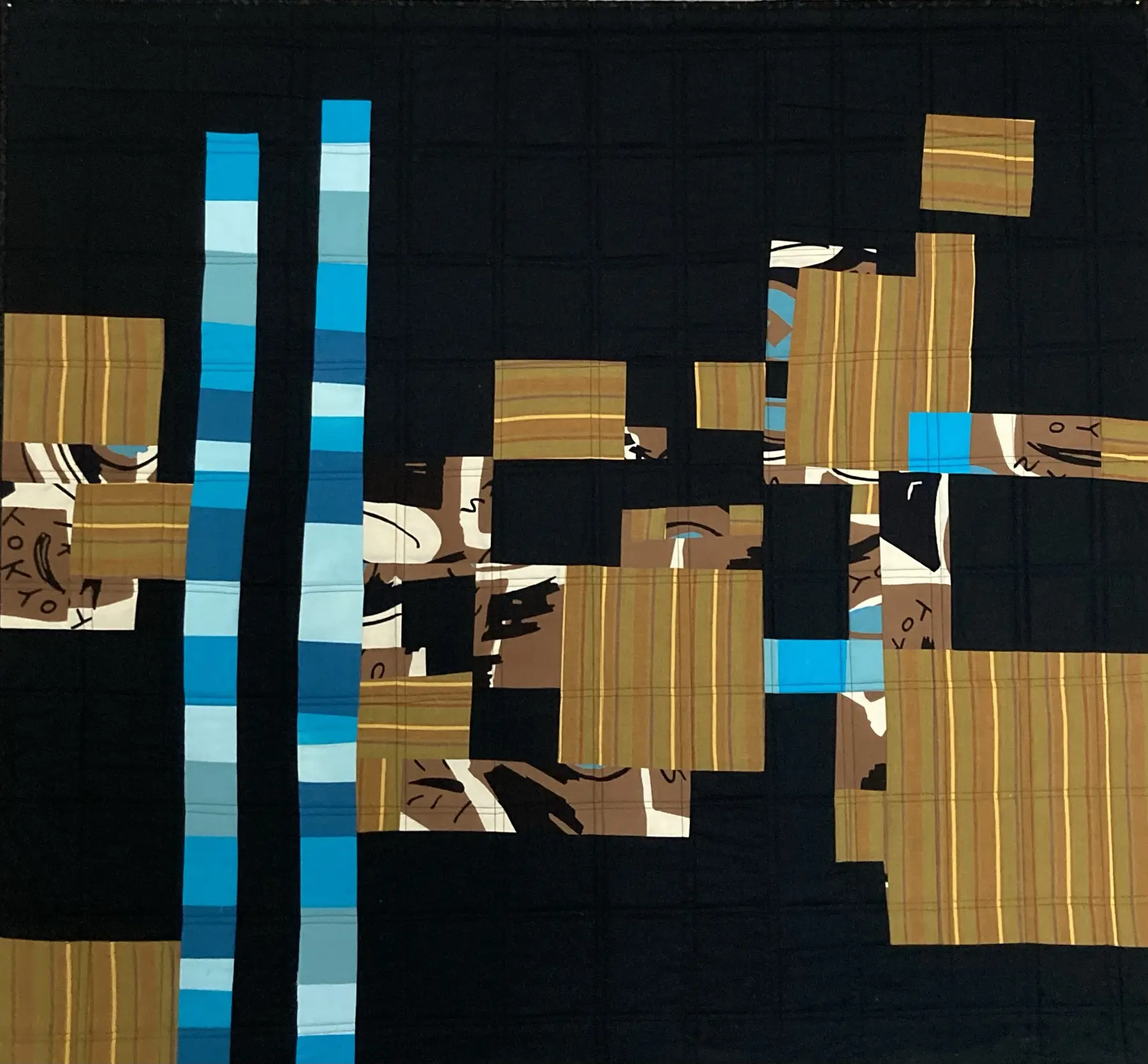 Detail of Dark art quilt with turquoise vertical bars and loosely arranged tan rectangular forms
